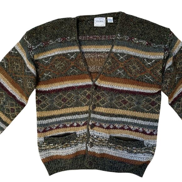 Vintage Prima Maglia Cardigan Mens LG Striped Grandpa Dad Wool Blend 90s Sweater - Picture 3 of 16